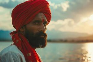 retrato do indiano homem vestindo vermelho turbante em beira do lago foto