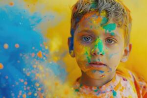 pequeno Garoto tocam com cores.conceito para indiano festival holi. foto