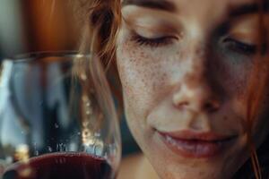 fechar-se retrato do jovem fêmea cliente bebendo vermelho vinho com olhos fechadas foto