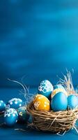 uma cesta do colorida ovos com copyspace em uma azul fundo. Páscoa ovo conceito, Primavera feriado foto