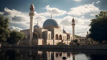 lindo mesquita debaixo a azul céu, islâmico arquitetura Projeto foto