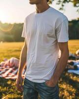 jovem adulto homem modelo dentro em branco branco t camisa para Projeto brincar foto