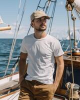 jovem adulto homem modelo dentro em branco branco t camisa para Projeto brincar foto