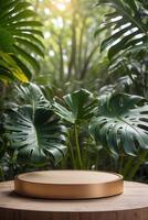 luxuoso plataforma e pódio fundo em natureza e monstera folhas para produtos ficar de pé exibição publicidade Cosmético beleza produtos ou cuidados com a pele com esvaziar volta etapa foto