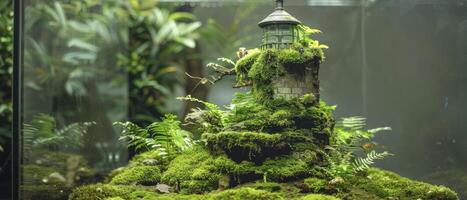 a miniatura tema do velho luz casa é coberto com verde musgo e pedras dentro do terrário vidro foto