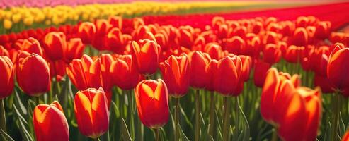 vermelho tulipas florescendo flores campo ensolarado dia gark Fazenda jardim Holanda campo panorama horizonte foto