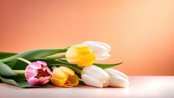 luz coral pêssego cor tulipas flores ramalhete Primavera floral bandeira espaço para texto copyspace foto
