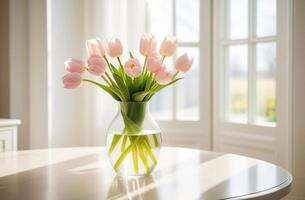 fresco Primavera flores vermelho e amarelo tulipas ramalhete dentro vidro vaso em mesa moderno luz interrior mães dia dia dos namorados foto