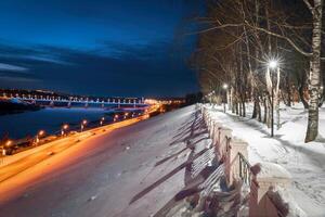 Visão do a noite inverno cidade coberto com neve a partir de a cidade parque. foto