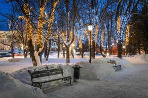 inverno parque às noite com Natal decorações, luzes, Banco coberto com neve e árvores foto