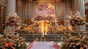 Casamento etapa decoração fundo dentro a construção com elegante e lindo flor decorações foto