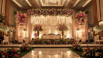 Casamento etapa decoração fundo dentro a construção com elegante e lindo flor decorações foto