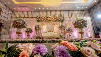 Casamento etapa decoração fundo dentro a construção com elegante e lindo flor decorações foto