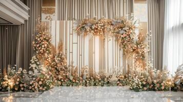 Casamento etapa decoração fundo dentro a construção com elegante e lindo flor decorações foto