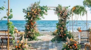 a pano de fundo para a ar livre Casamento em a de praia preenchidas com lindo floral decorações e enfeites ai gerar foto