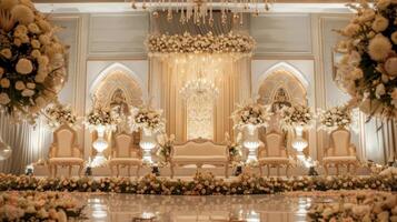 Casamento etapa decoração fundo dentro a construção com elegante e lindo flor decorações foto