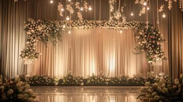 Casamento etapa decoração fundo dentro a construção com elegante e lindo flor decorações foto