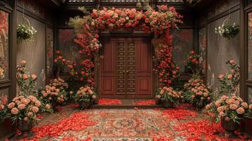 a Casamento fundo e quarto para estúdio fotos estão preenchidas com lindo flor decorações