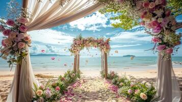 a pano de fundo para a ar livre Casamento em a de praia preenchidas com lindo floral decorações e enfeites ai gerar foto