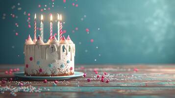aniversário bolo com branco geada e Rosa e azul granulados foto