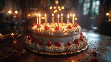 aniversário bolo com aceso velas e granulados foto