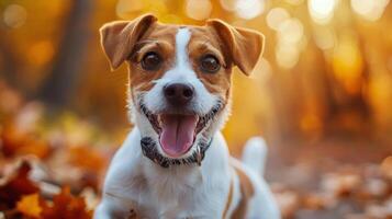 pequeno Castanho e branco cachorro corrida através folhas foto