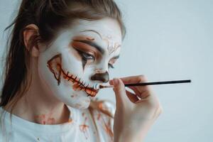 ai gerado dia das Bruxas dia conceito. jovem mulher fazendo alguns especial efeitos Maquiagem isolado em branco fundo foto