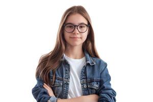 ai gerado feliz jovem aluna menina com guardada braços isolado em branco fundo foto