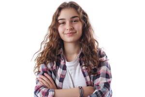 ai gerado feliz jovem aluna menina com guardada braços isolado em branco fundo foto