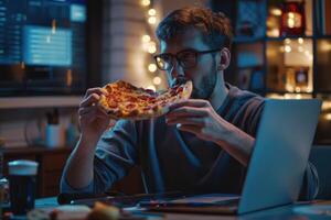 ai gerado perfil do concentrado jovem Programas desenvolvedor comendo pizza e codificação às casa foto