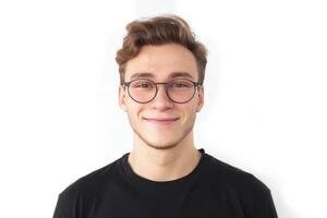 ai gerado jovem homem com óculos sorridente isolado em branco fundo foto