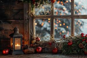 ai gerado Natal ainda vida com velho de madeira janela Alto resolução. foto