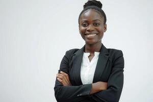 ai gerado feliz bem sucedido africano americano empresária sorridente com confiança. foto