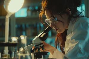 ai gerado médico mulher com microscópio dentro laboratório. científico pesquisar. foto