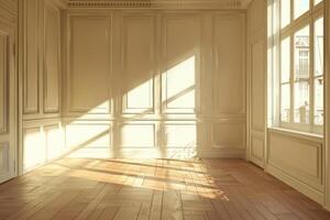 ai gerado esvaziar quarto com luz solar. foto