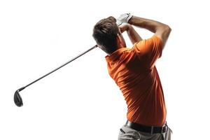 ai gerado golfe jogador dentro uma laranja camisa levando uma balanço em uma branco fundo. foto