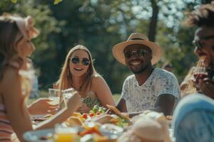 ai gerado feliz amigos desfrutando piquenique dentro parque em verão dia foto