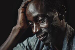 ai gerado retrato sorridente africano americano homem olhando baixa com cabeça dentro mão contra Preto fundo foto