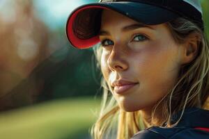 ai gerado bonita jovem senhora jogador de golfe olhando para dentro a distância foto