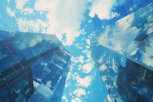 ai gerado vidro edifícios com nublado azul céu fundo foto