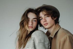 ai gerado à moda jovem casal posando dentro estúdio moda atirar. foto