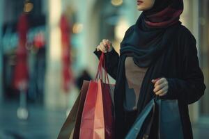 ai gerado jovem árabe mulher compras carregando bolsas vestindo abaya e hijab. foto
