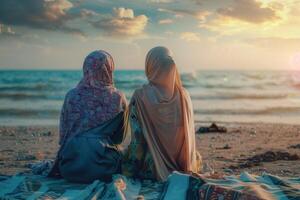 ai gerado lindo muçulmano amigas olhando sobre a de praia . amizade conceitos foto