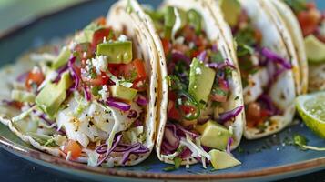 ai gerado fresco peixe tacos com salada de repolho abacate salsa Lima creme foto