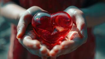 ai gerado vermelho vidro coração dentro mulher mãos foto