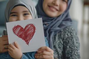 ai gerado feliz mães dia pequeno menina abraços muçulmano mãe com amor foto