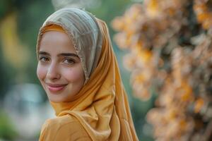 ai gerado lindo muçulmano mulher dentro hijab sorridente com confiança. foto