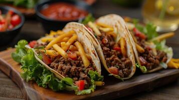 ai gerado carne tacos servido com dourado francês fritas foto