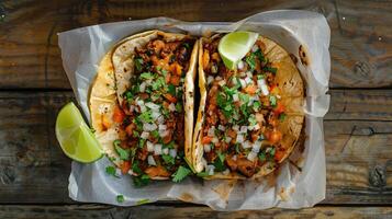 ai gerado a sobrecarga Visão do dois autêntico rua tacos foto