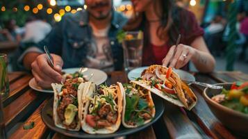 ai gerado casal desfrutando rua tacos às ao ar livre mexicano restaurante. foto